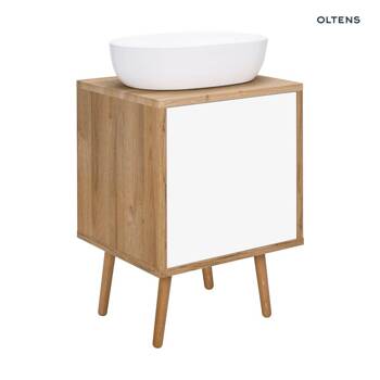 Szafka pod umywalkę Oltens Hedvig szafka 50 cm jednodrzwiowa szafka wisząca lub stojąca z półką biały połysk dąb naturalny